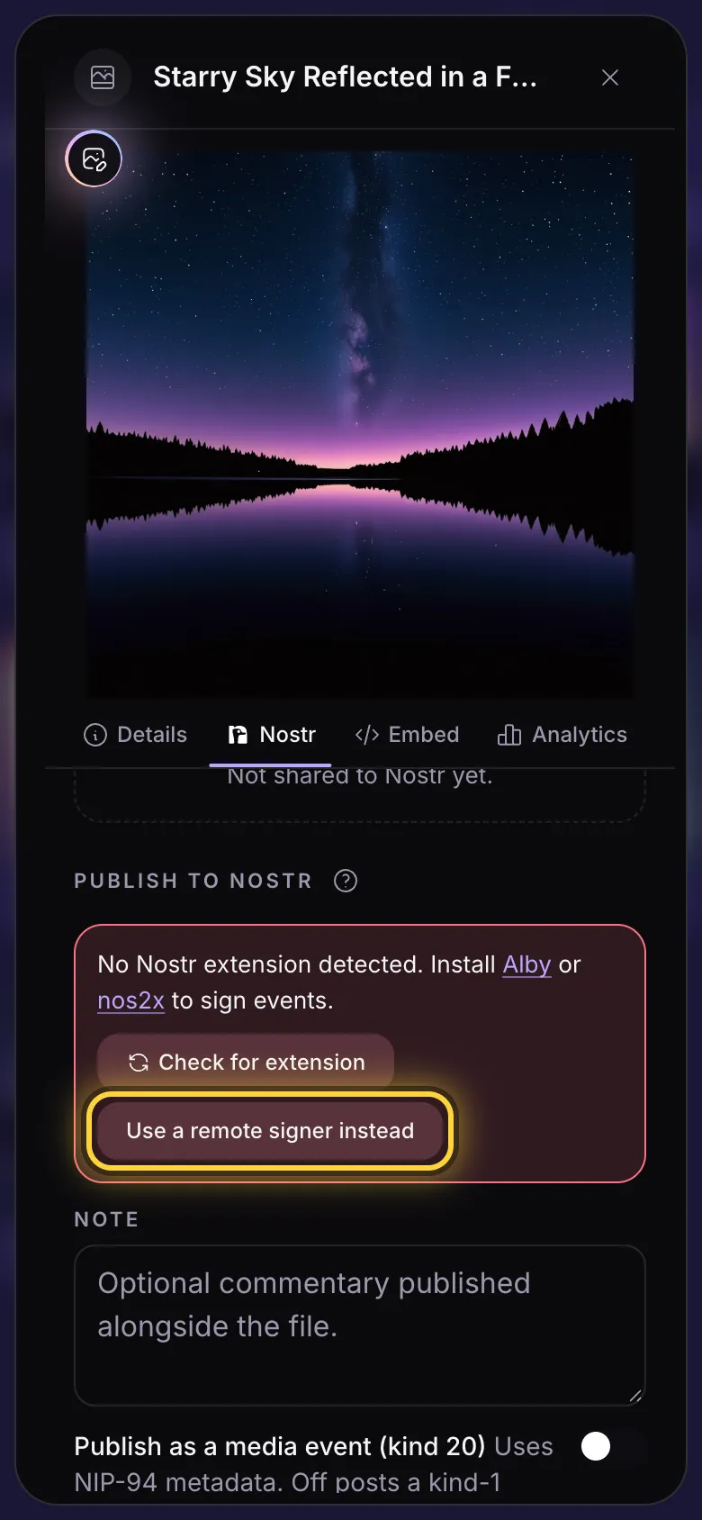 The Nostr tab without a signer: a notice with links to Alby and nos2x, and the remote signer button.