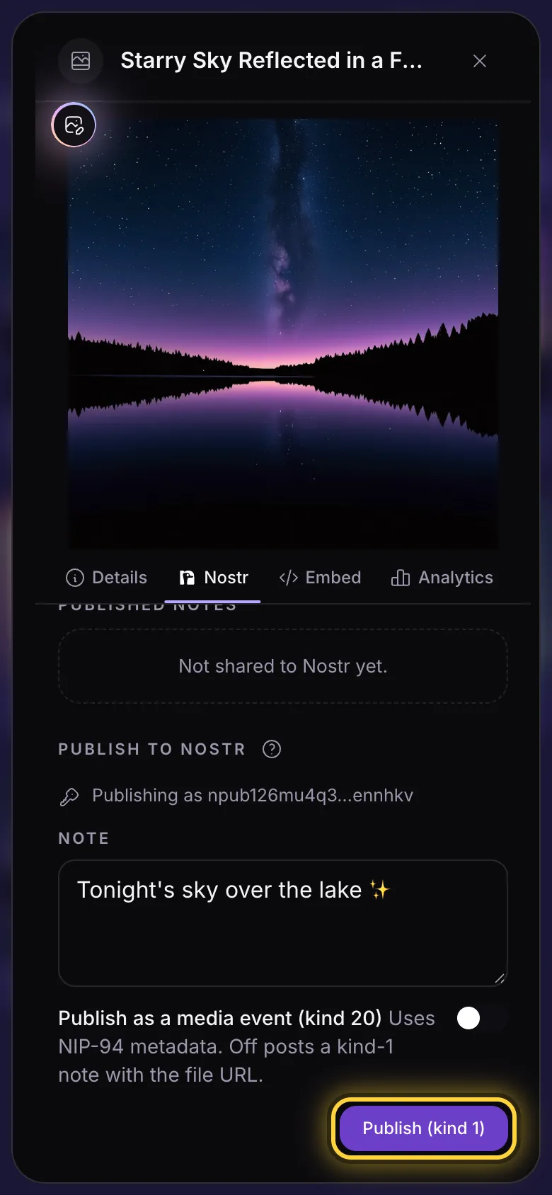 The Nostr tab of a file's details, with a note written and the Publish button ringed.