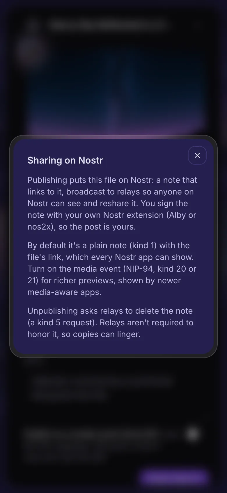 The explanation that opens from the question mark beside Publish to Nostr.