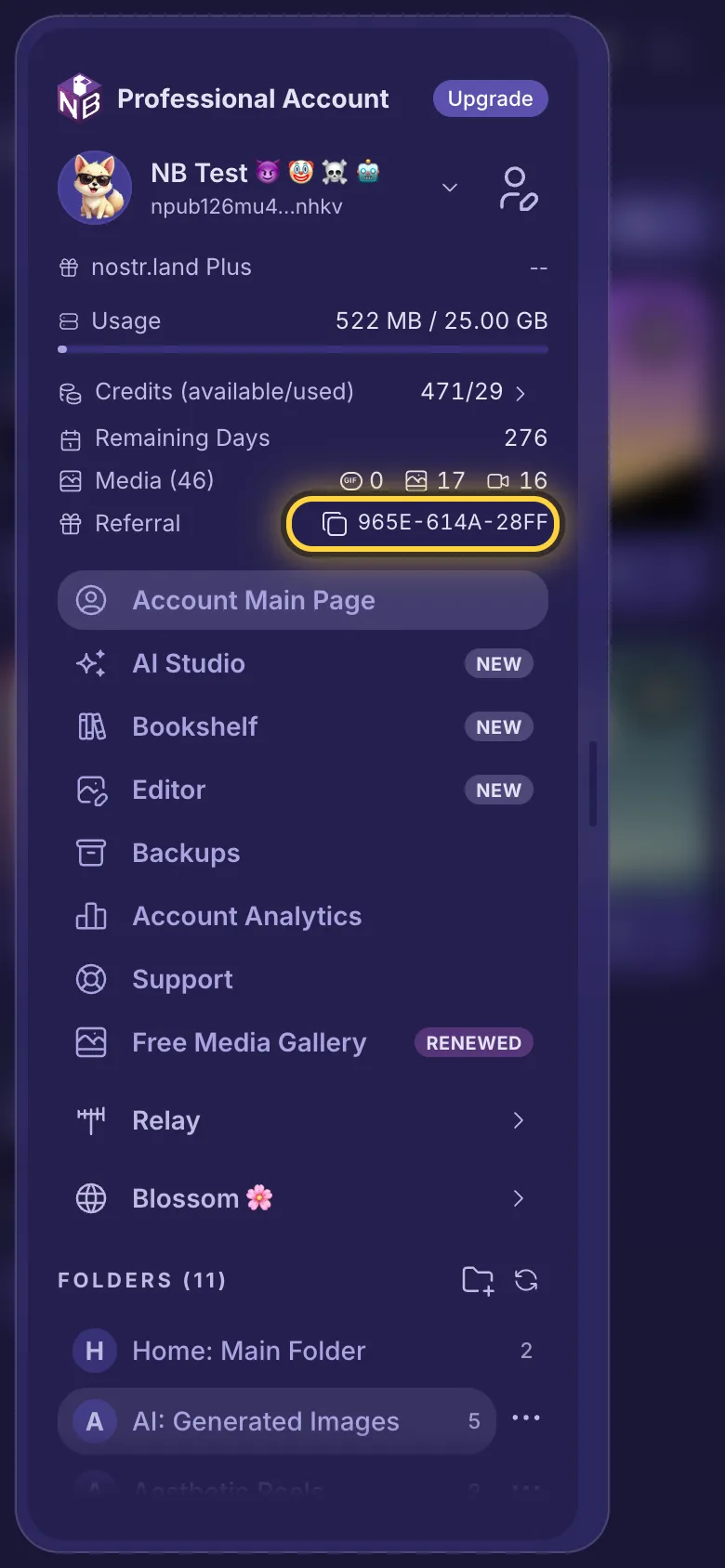 The menu with the referral link row ringed.