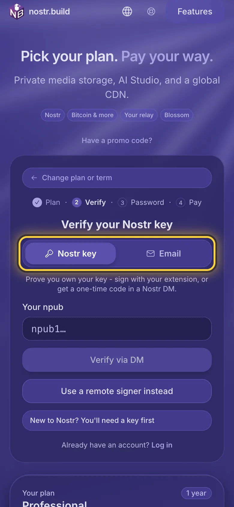 Signing up: the choice between a Nostr key and an email address, ringed.