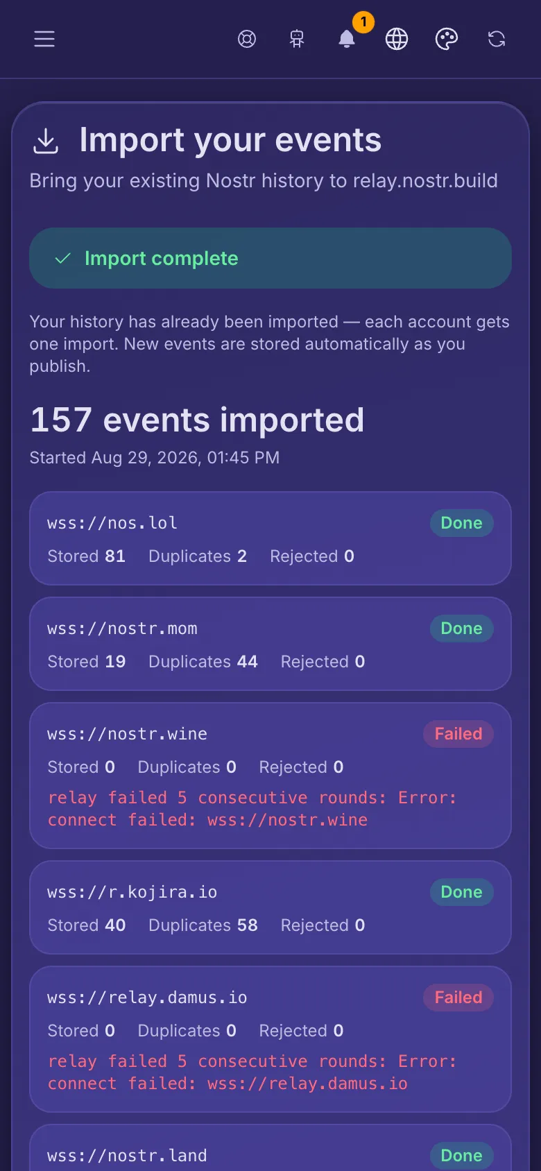 Import your events: a finished import with a row for each relay it copied from.