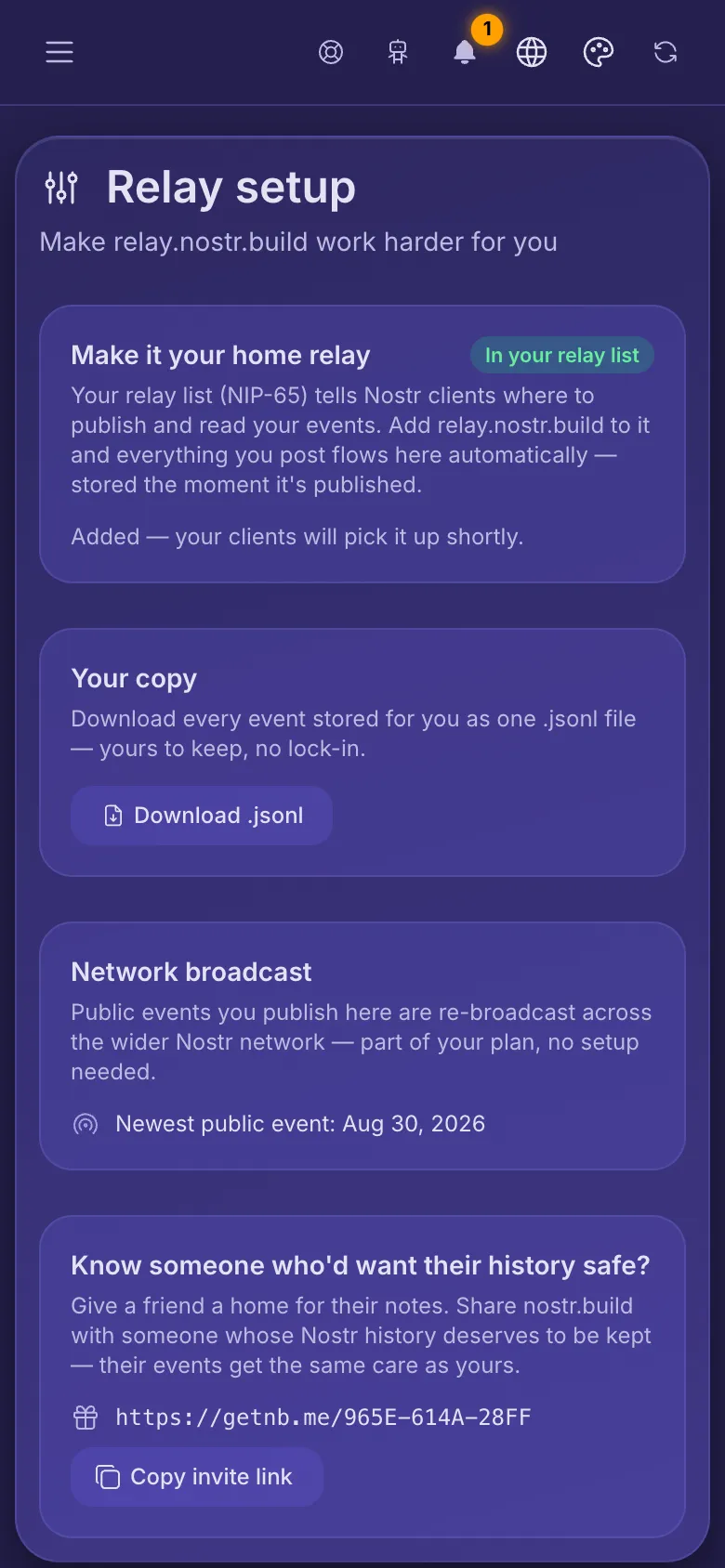 Relay setup: the relay already in the relay list, a copy to download, and network broadcast.