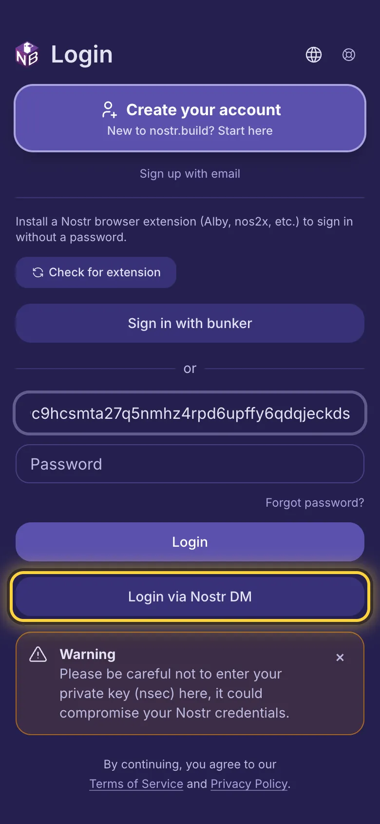 An npub typed in the first box and the Login via Nostr DM button ringed.