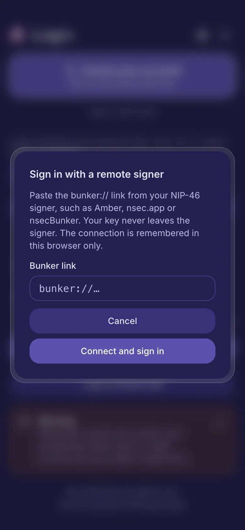 The remote signer window with a box for the bunker link.
