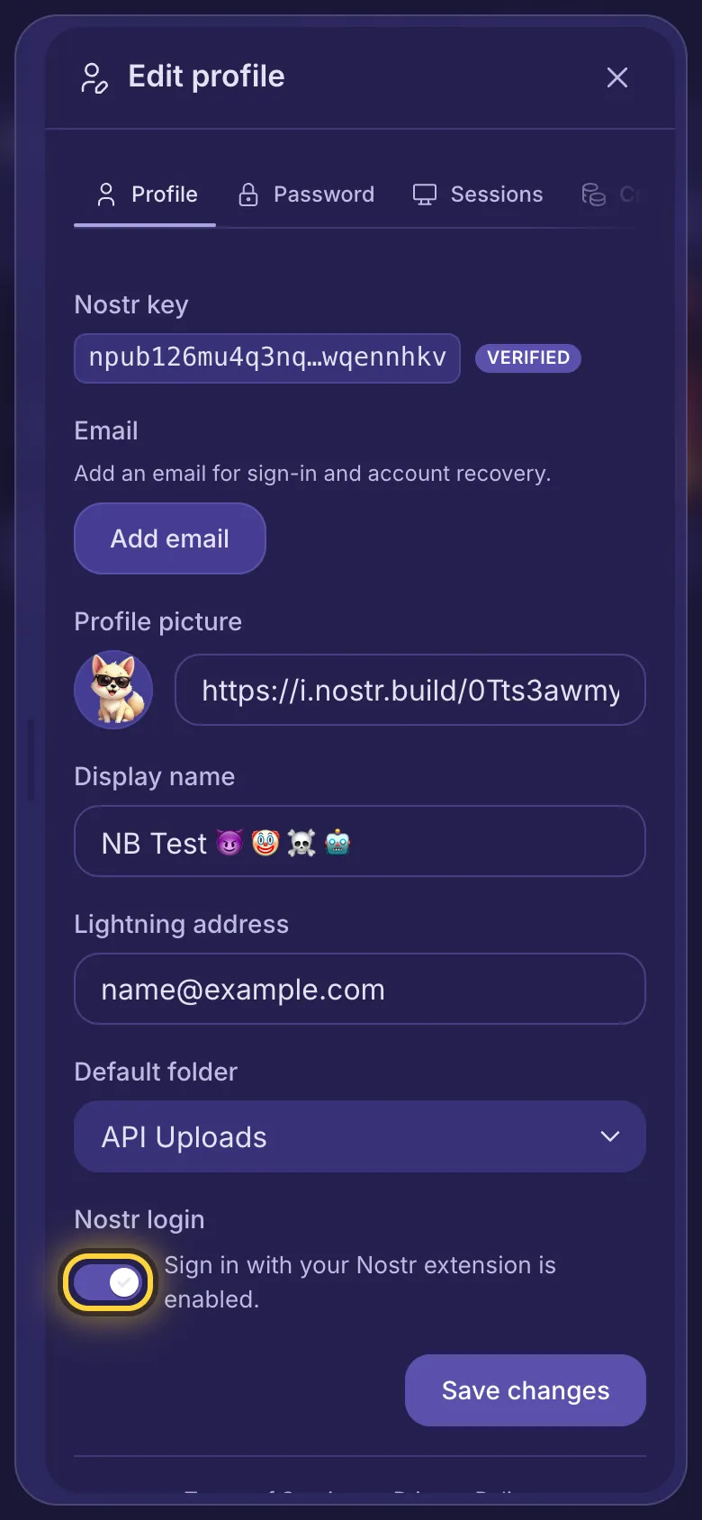 Edit profile, with the Nostr login switch and Save changes.