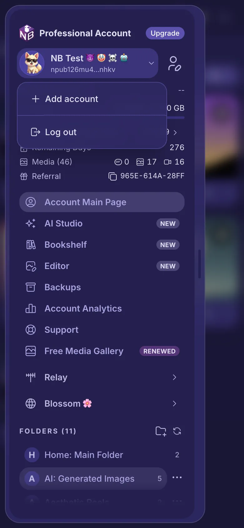The account menu open under your name, with the other accounts, Add account and Log out.