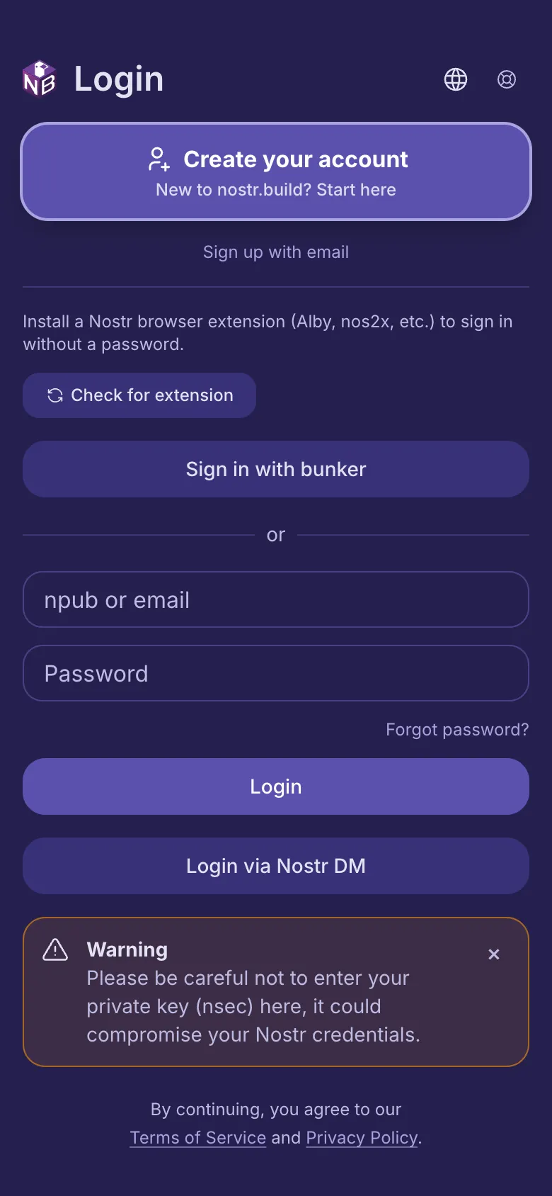 The sign-in page: create an account at the top, then the Nostr options, then the boxes for a password.