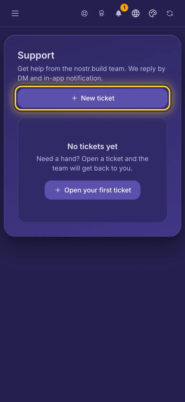 The support page with no tickets yet.