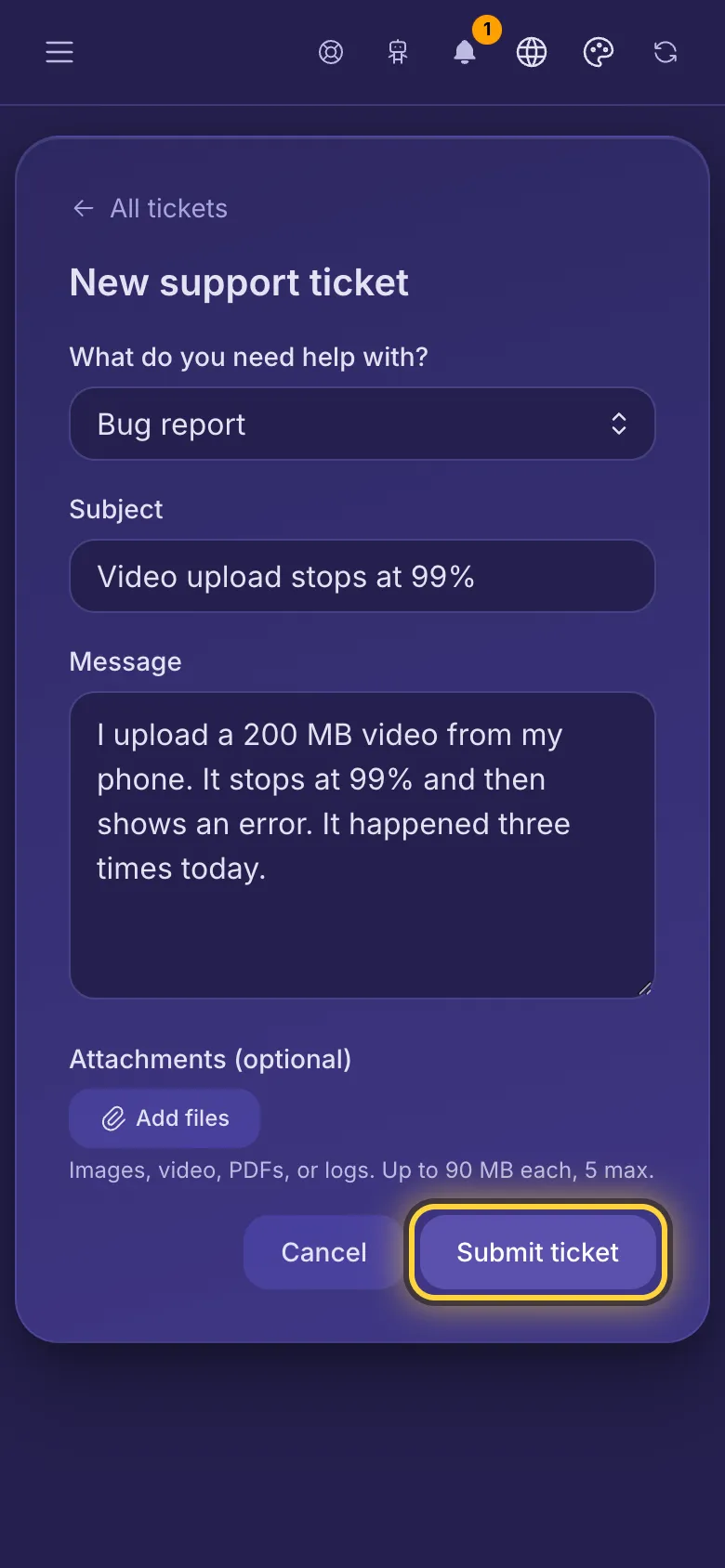 A new support ticket: a topic, a subject, a message and room for attachments.