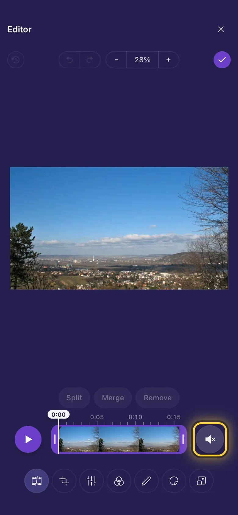 A video in the editor with the speaker button circled at the right end of the strip