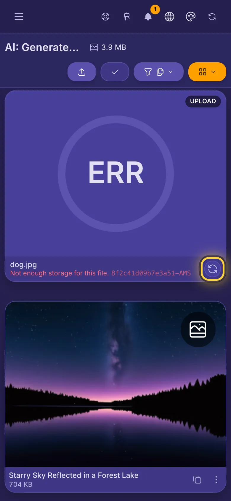 A failed upload: ERR on the card, the reason under the file name, and the button to try again.