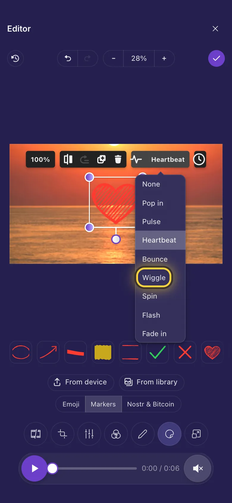 The Animation list open over a heart sticker, with Wiggle circled