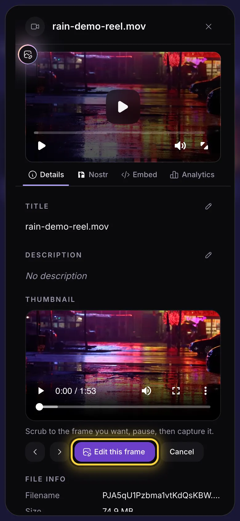A video's details with Edit this frame circled in the Thumbnail section