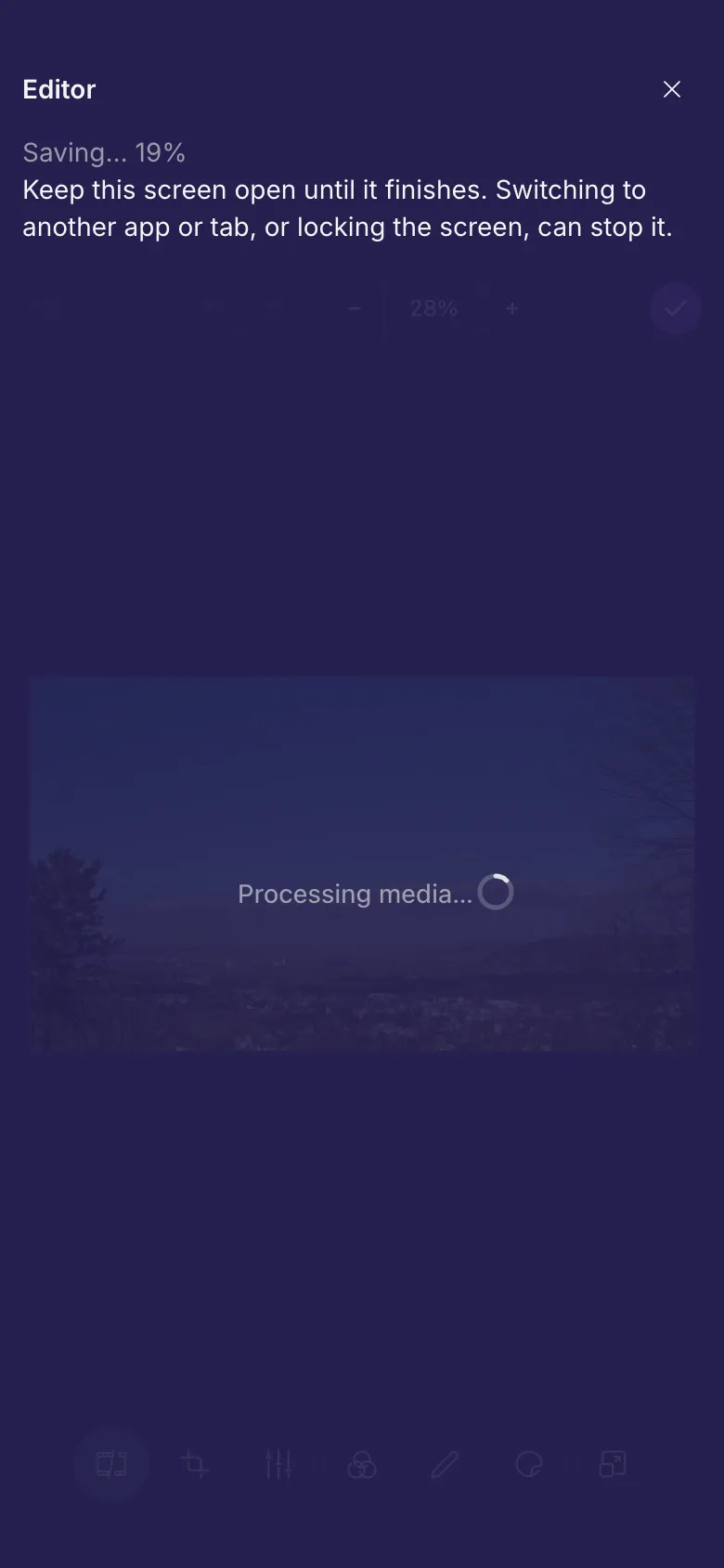 The editor saving a video, with the note to keep the screen open