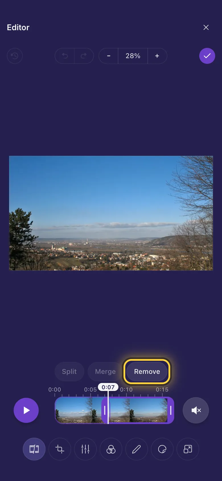 A video split into two parts, with Remove circled