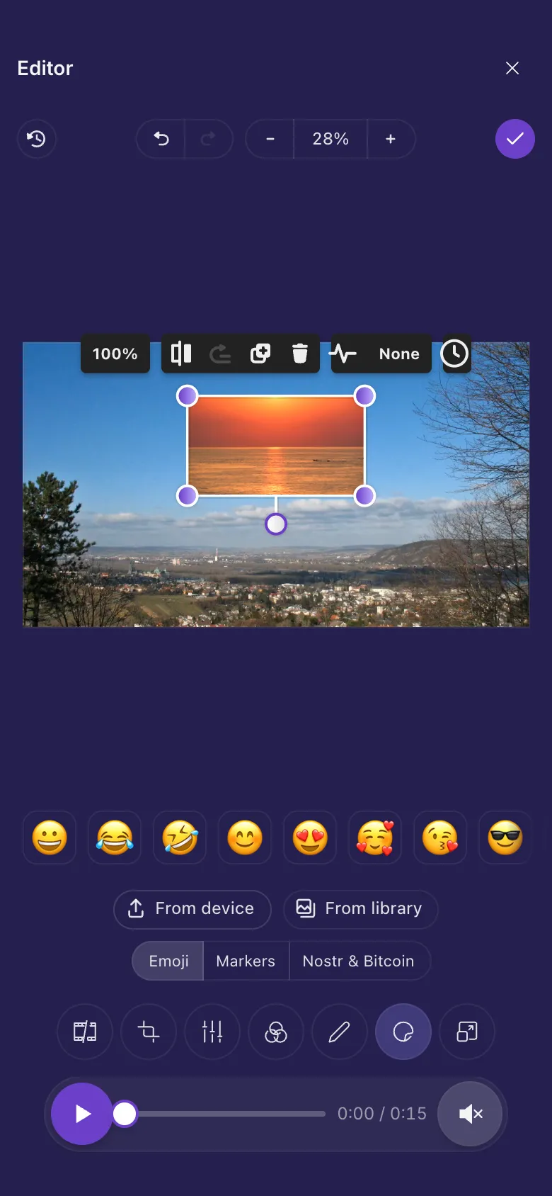 A sunset clip playing in a box over a timelapse video