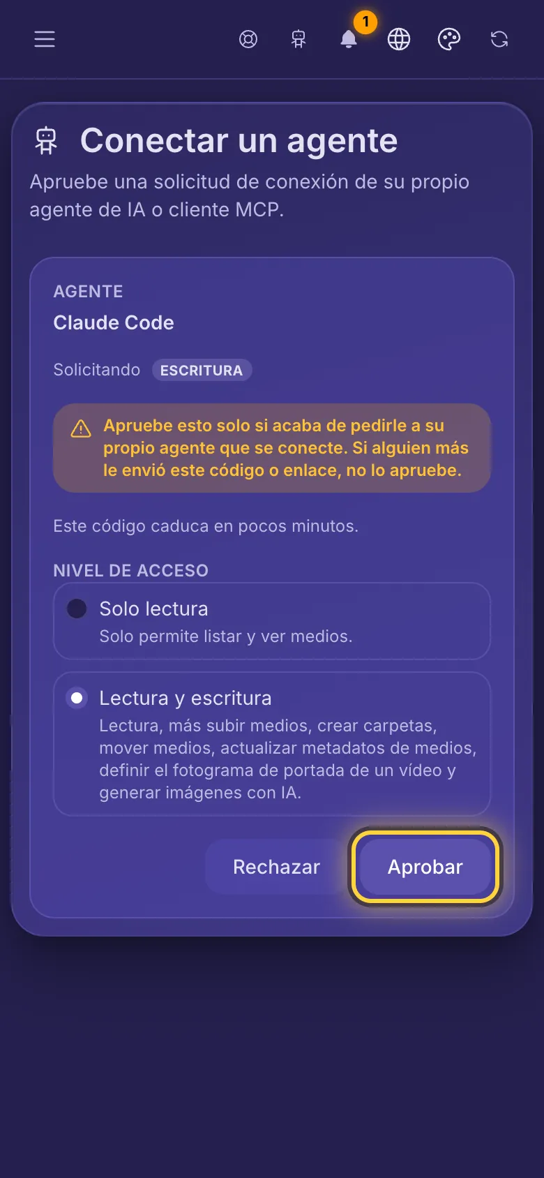 Conectar un agente: el nombre del agente, el acceso que pide y un aviso de aprobar solo tu propio agente.
