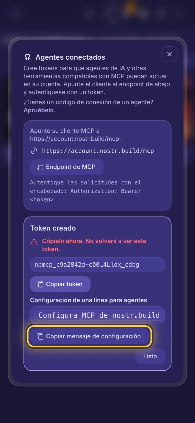 Token creado: el token, un botón para copiar y el mensaje de configuración de una línea.