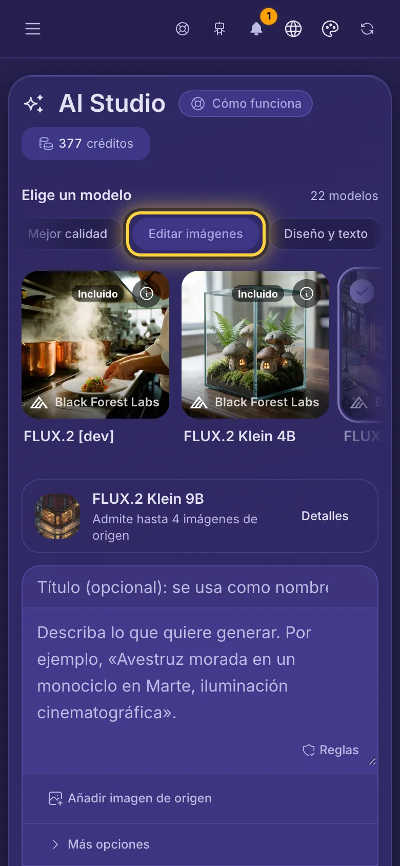 El filtro Editar imágenes está activo, y las tarjetas muestran los modelos que pueden cambiar una imagen, cada uno con su precio.