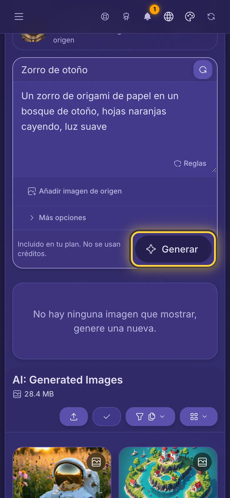 Una instrucción escrita en el cuadro, la línea del precio y el botón Generar.