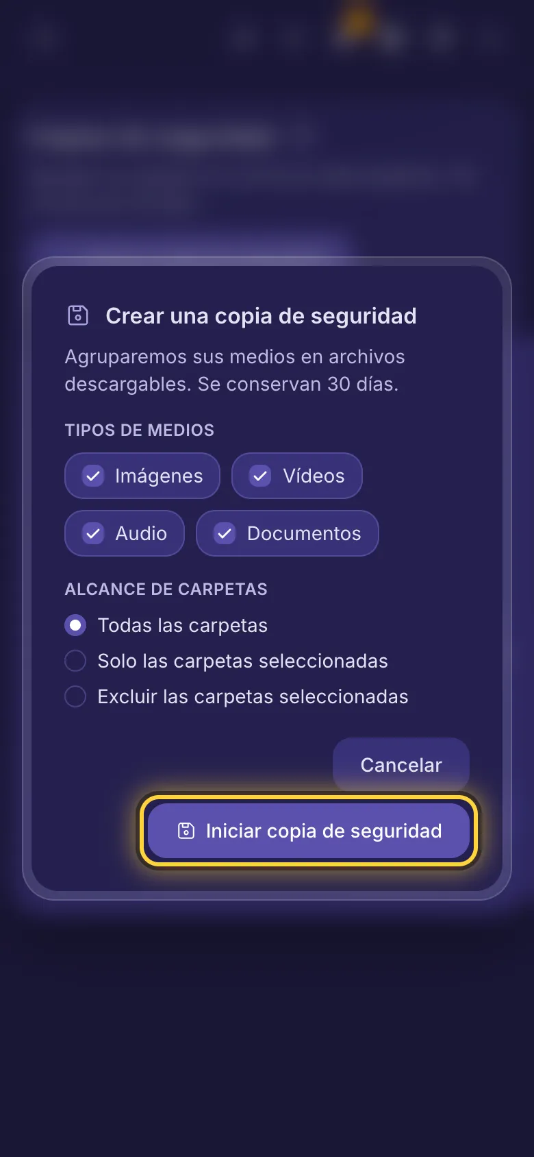 Crear una copia de seguridad: los tipos de medios que se incluyen y qué carpetas.