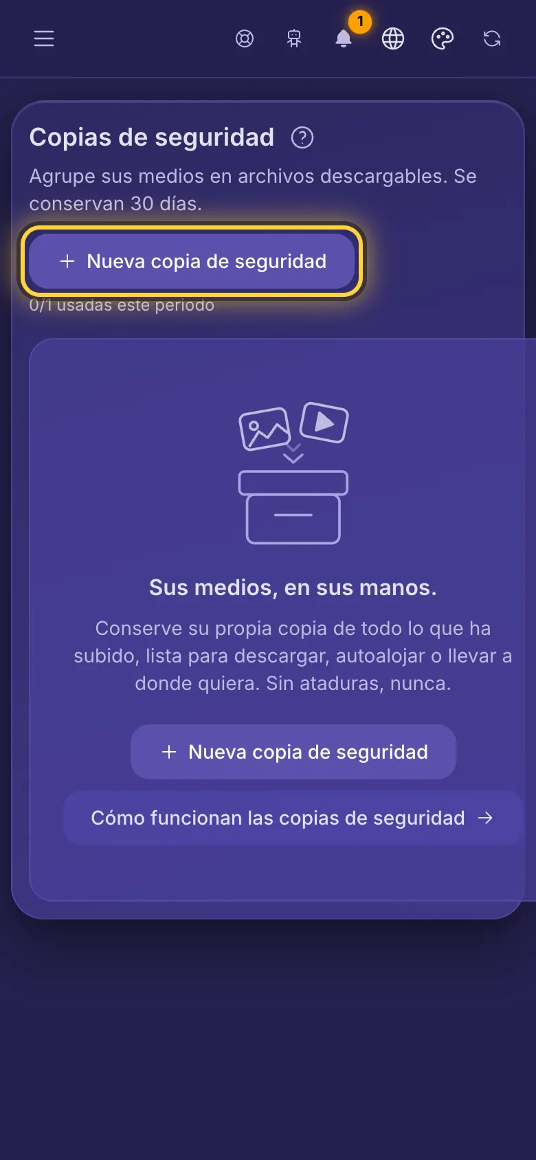 Copias de seguridad, con el botón Nueva copia de seguridad y cuántas copias quedan en este periodo.