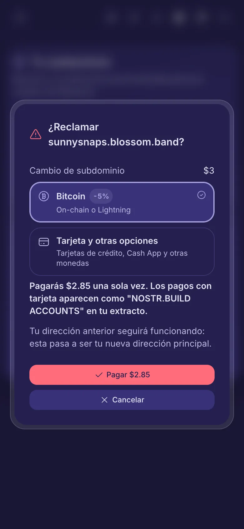La pregunta antes de reclamar un nombre de pago, con la tarifa y la elección de forma de pago.