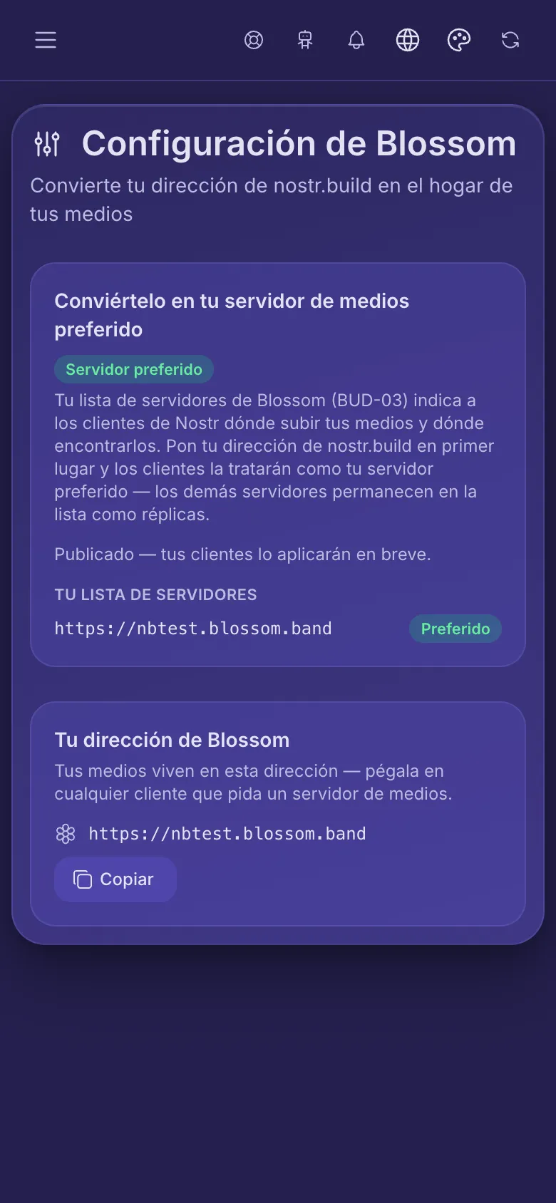 Configuración de Blossom: tu lista de servidores con tu dirección marcada como preferida, y tu dirección de Blossom para copiar.