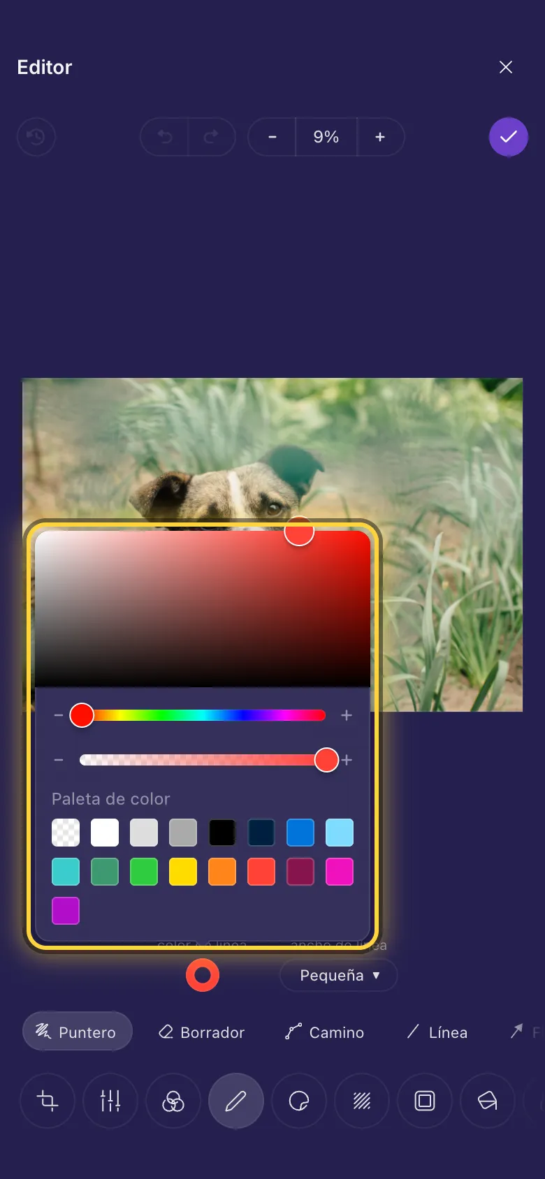 El selector de color abierto sobre una foto, con su paleta