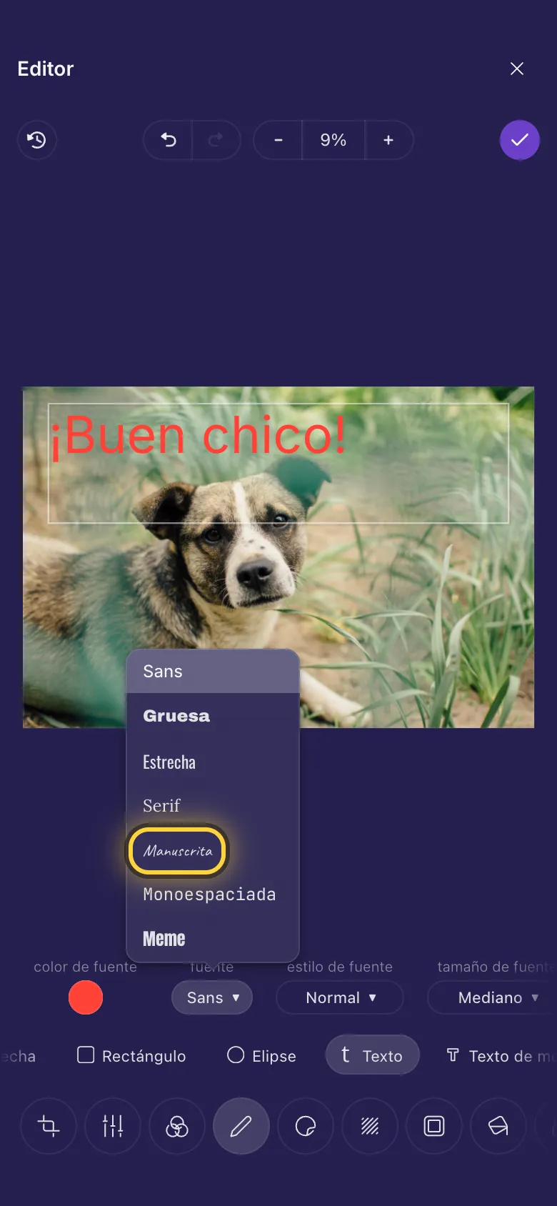 Palabras sobre la foto de un perro, con la lista de fuentes abierta