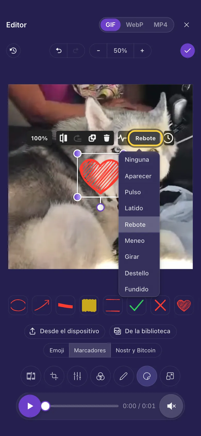 Un sticker de corazón sobre el perro, con el menú de animación abierto