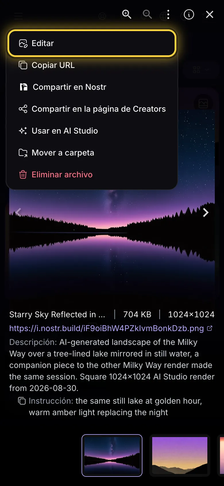 El visor a pantalla completa con su menú abierto y Editar marcado con un círculo