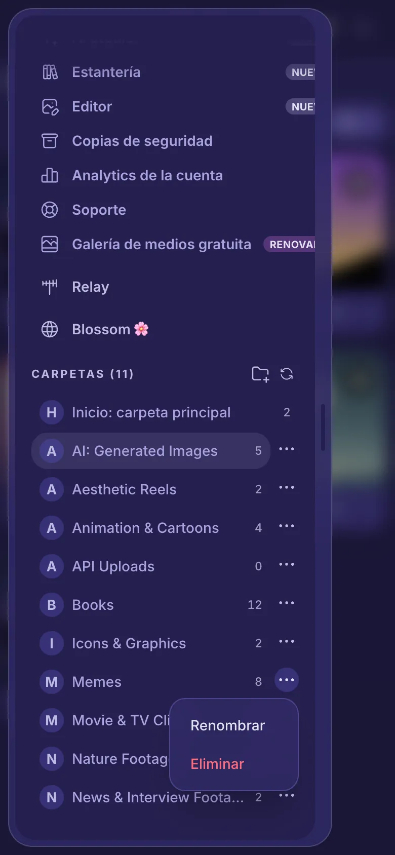 El menú de una carpeta abierto, con Renombrar y Eliminar.