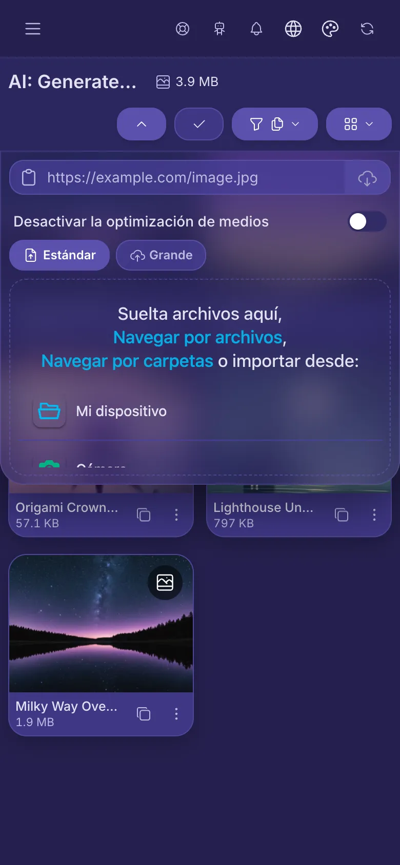 El panel de subida abierto debajo de los botones, con una zona para elegir archivos y una casilla para un enlace.