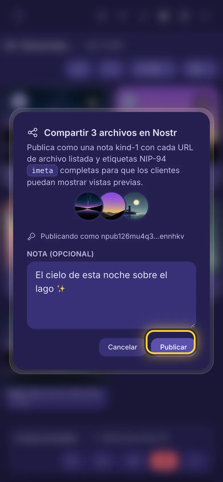 Compartir tres archivos en Nostr: el cuadro de la nota y el botón Publicar.