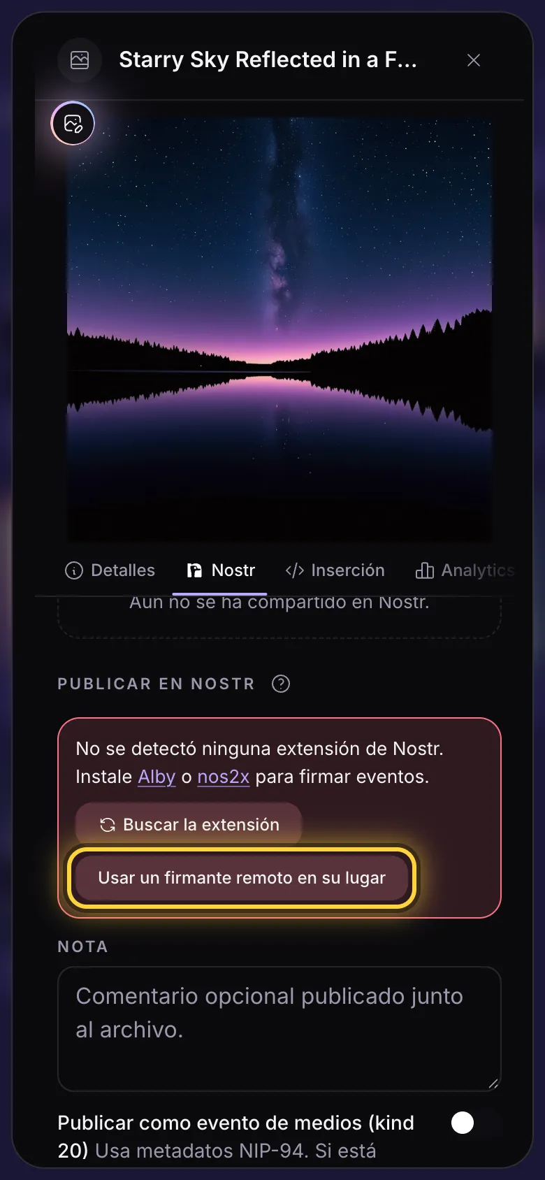 La pestaña de Nostr sin firmante: un aviso con enlaces a Alby y nos2x, y el botón del firmante remoto.