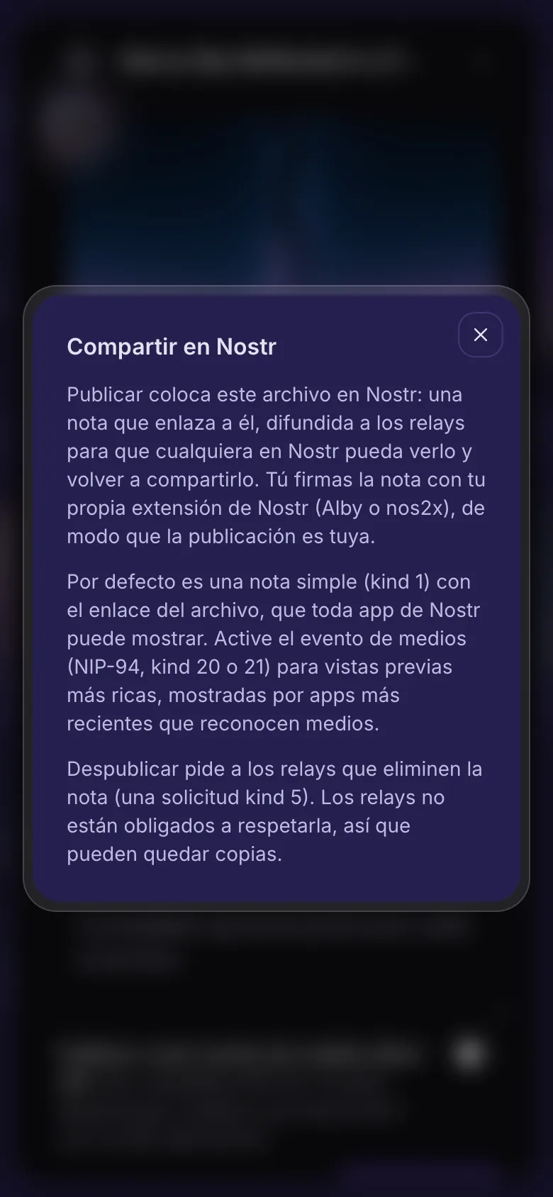 La explicación que se abre desde el signo de interrogación junto a Publicar en Nostr.