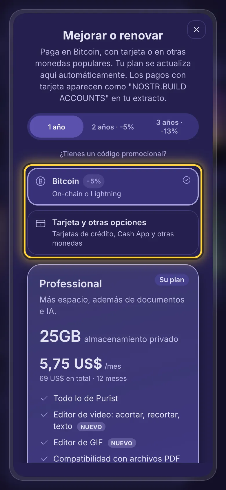 La elección de pago: Bitcoin, o tarjeta y otras opciones.