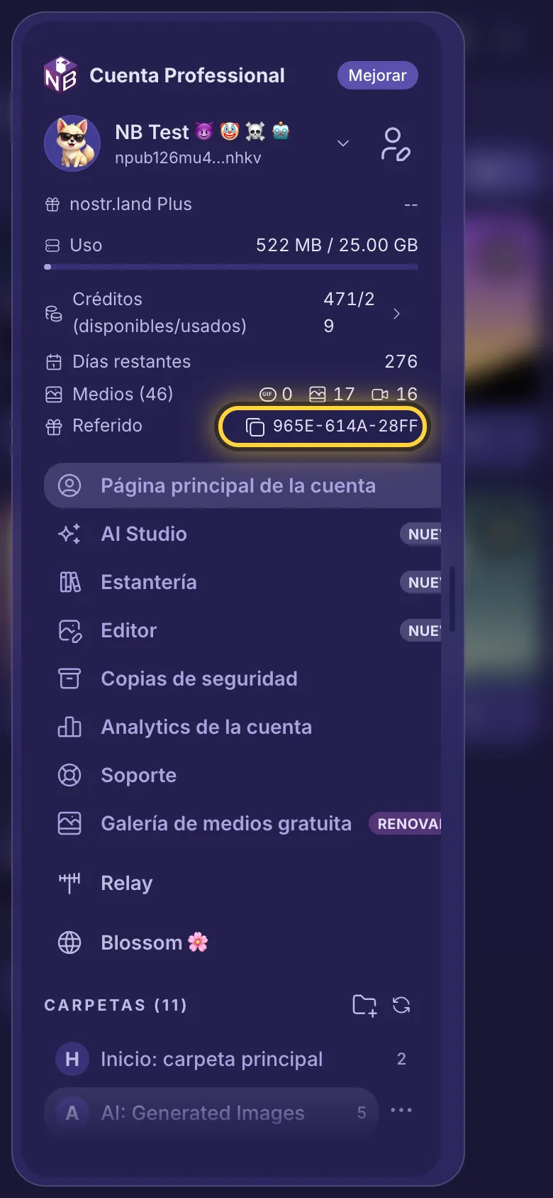 El menú con la fila del enlace de referido marcada con un círculo.