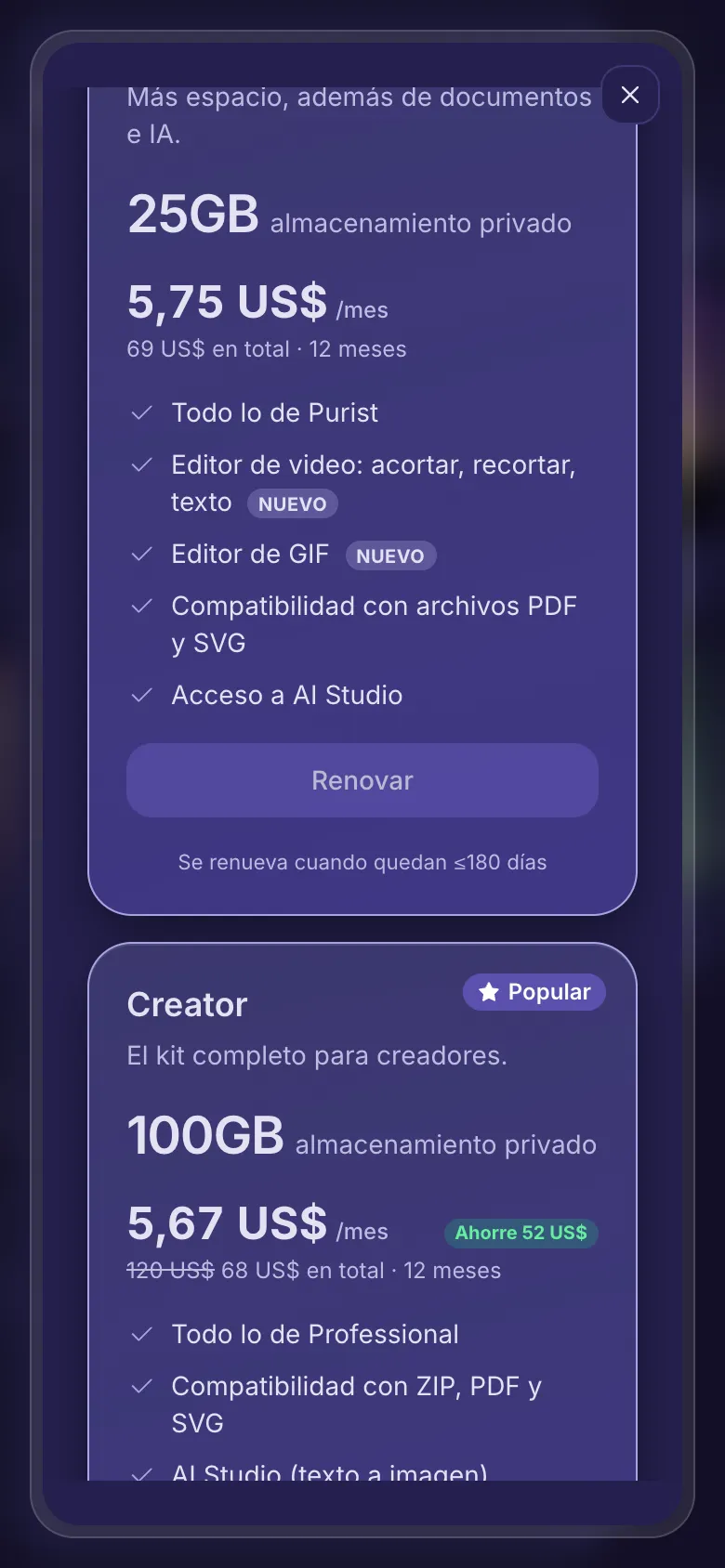 Mejorar o renovar: tu plan actual con Renovar, y planes más grandes con Mejorar.