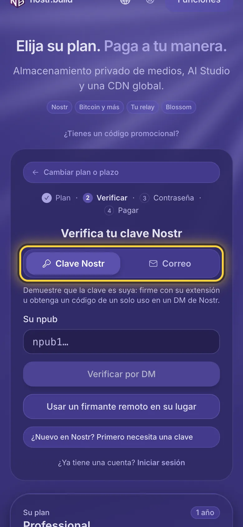 El registro: la elección entre una clave Nostr y una dirección de correo, marcada con un círculo.