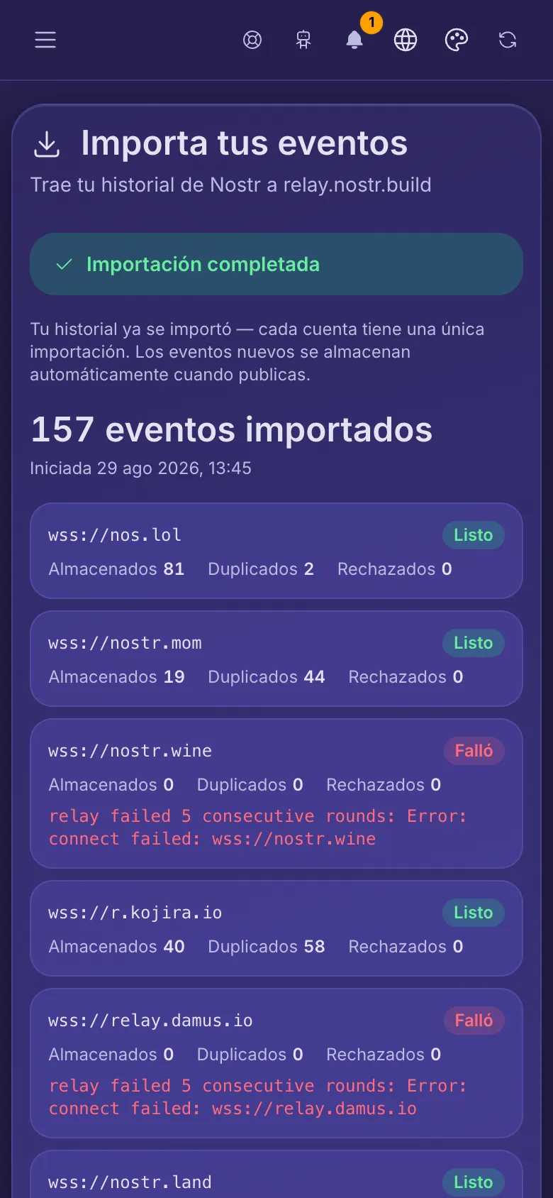 Importar tus eventos: una importación terminada con una fila por cada relay del que copió.