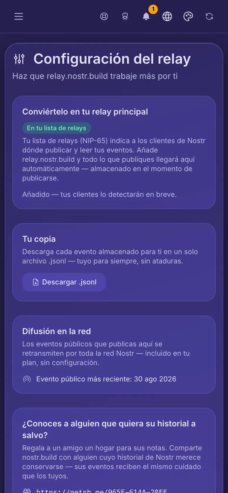 Configuración del relay: el relay ya en la lista de relays, una copia para descargar y la difusión en la red.