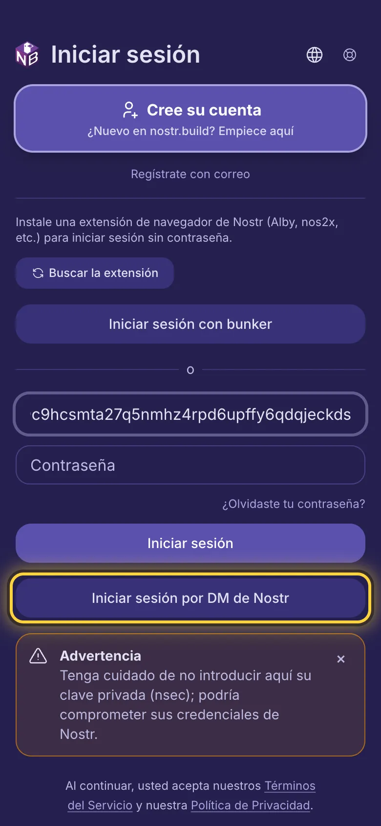 Un npub escrito en la primera casilla y el botón Iniciar sesión por DM de Nostr marcado con un círculo.