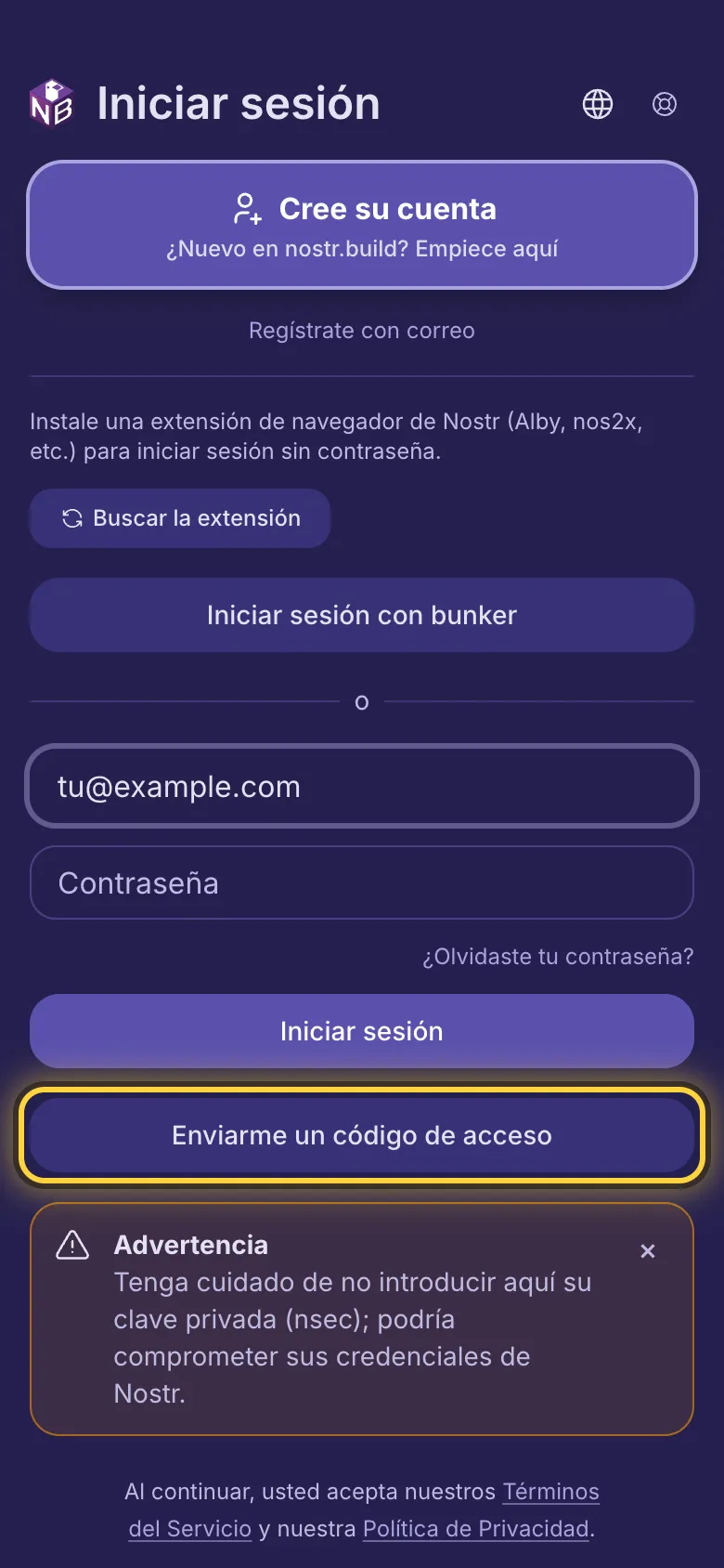 Un correo electrónico escrito en la primera casilla y el botón Enviarme un código de acceso marcado con un círculo.