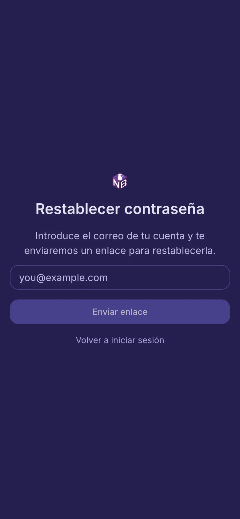 La página Restablecer tu contraseña con una casilla para tu correo.
