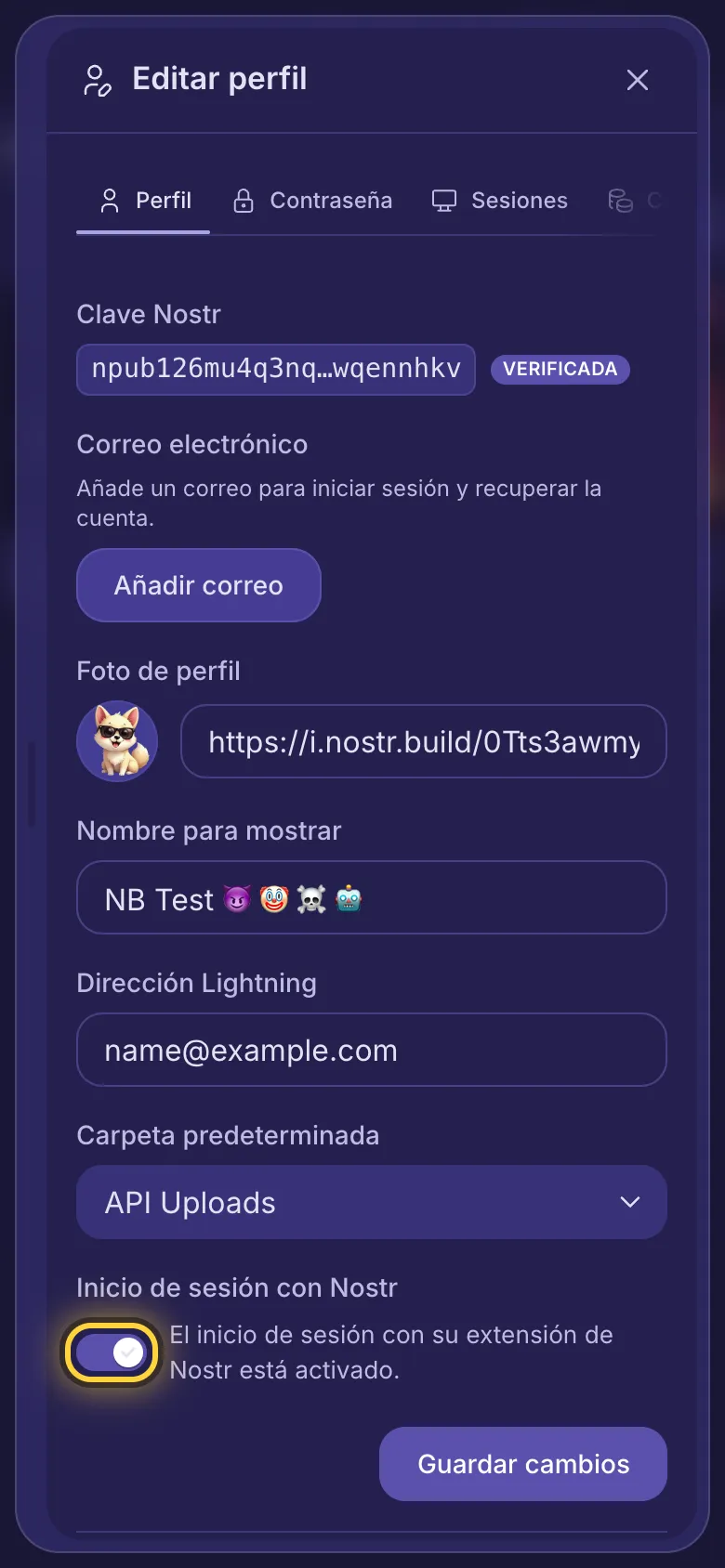 Editar perfil, con el interruptor de inicio de sesión con Nostr y Guardar cambios.