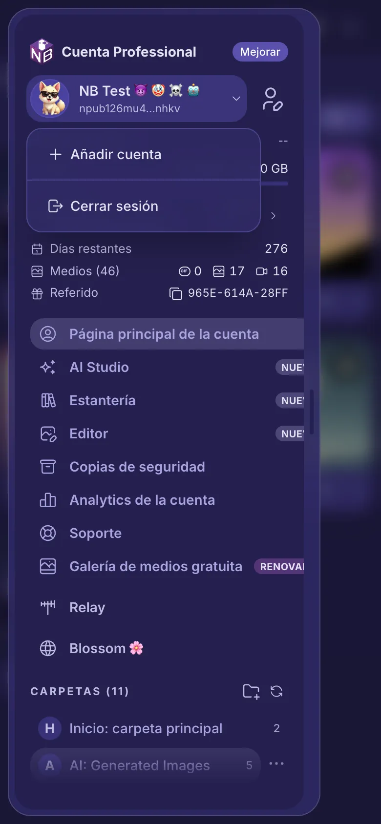 El menú de la cuenta abierto bajo tu nombre, con las otras cuentas, Añadir cuenta y Cerrar sesión.