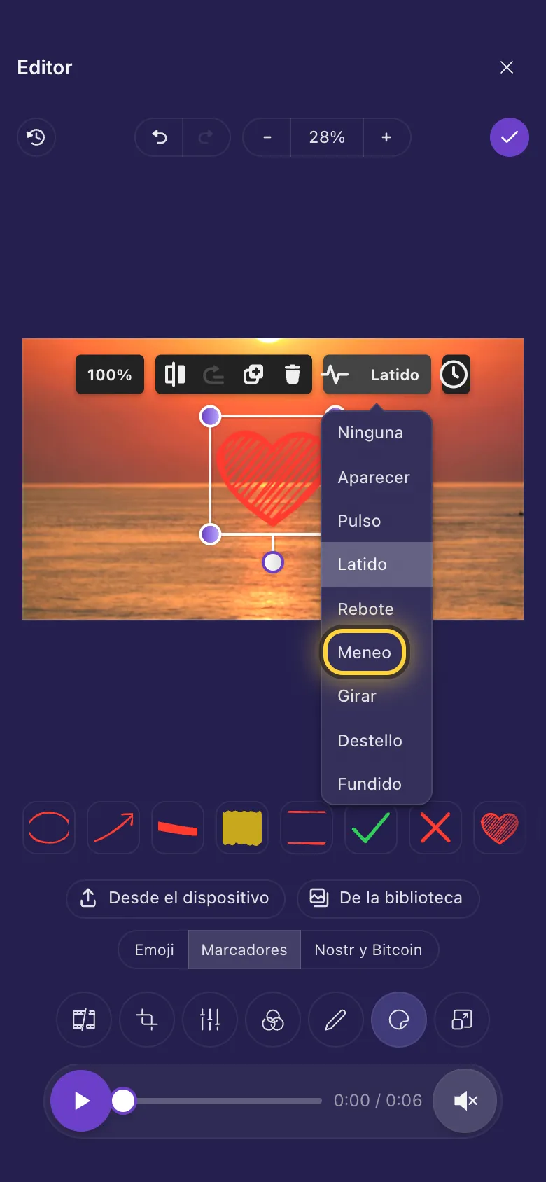La lista de animaciones abierta sobre un sticker de corazón, con Meneo marcado con un círculo